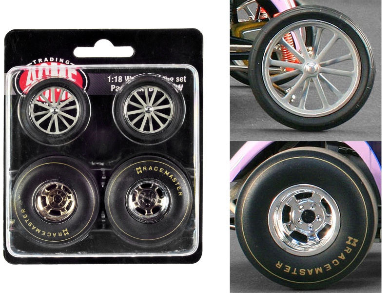 Altered Dragster Chrome Wheels And Tires Set Of 4 Pieces From "Mondello And Mastsubara Altered Dragster" For 1/18 Scale Models By Acme