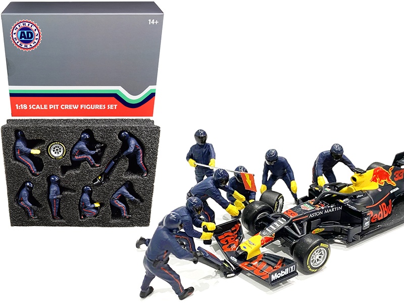 Formula One F1 Pit Crew 7 Figurine Set Team Blue For 1/18 Scale Models By American Diorama