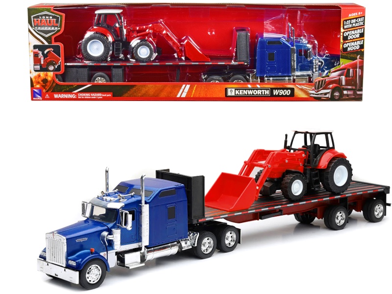 Kenworth W900 Truck with Flatbed Trailer Blue Metallic with Farm Tractor Red 'Long Haul Truckers' Series 1/32 Diecast Model by New Ray