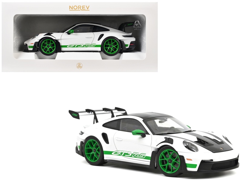 2022 Porsche 911 Gt3 Rs Weissach Pack White With Green Stripes And Carbon Hood And Top 1/18 Diecast Model Car By Norev