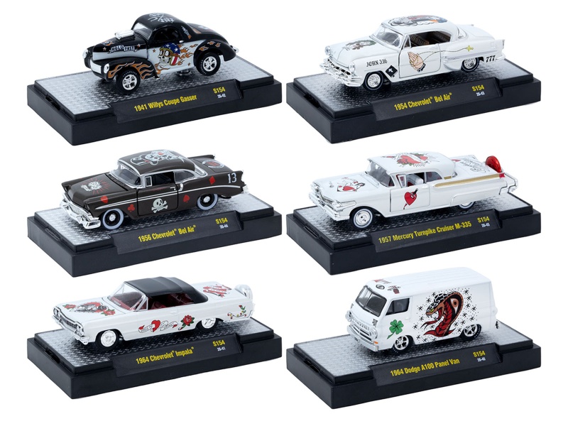 "Auto-Thentics" 6 Piece Set Release S154 In Display Cases Limited Edition 1/64 Diecast Model Cars By M2 Machines