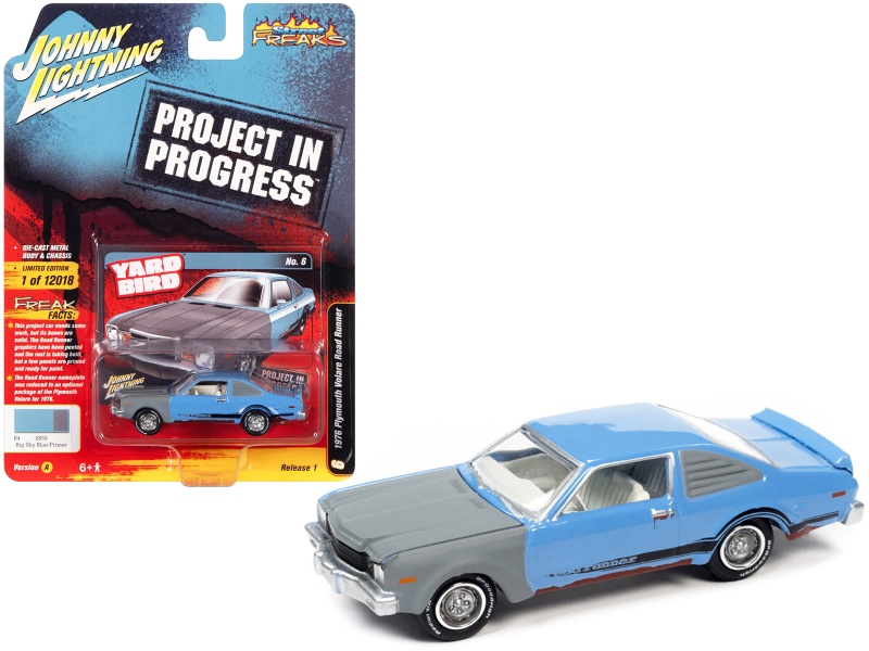 1976 Plymouth Volare Road Runner Big Sky Blue And Primer Gray With Black Stripes And White Interior "Project In Progress" Limited Edition To 12018 Pieces Worldwide "Street Freaks" Series 1/64 Diecast Model Car By Johnny Lightning
