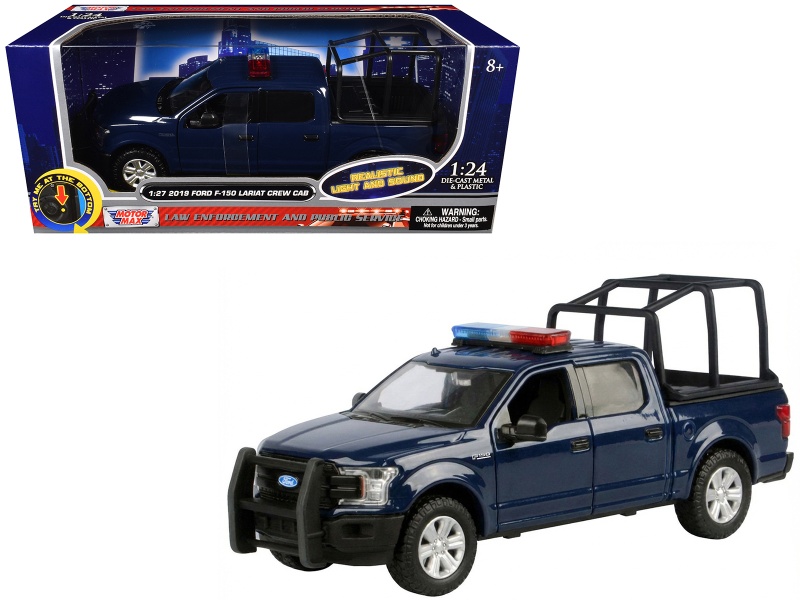 2019 Ford F-150 Lariat Crew Cab Pickup Truck With Bed Cage Dark Blue With Flashing Light Bar And Front And Rear Lights And Sounds 1/24-1/27 Diecast Model Car By Motormax