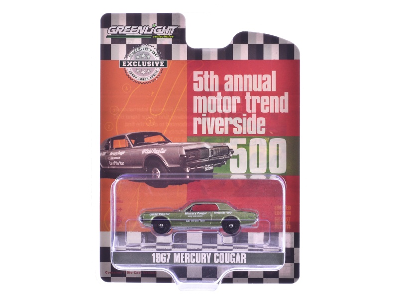1967 Mercury Cougar "Riverside 500 Official Pace Car - Motor Trend Magazine Car Of The Year" Green Metallic "Hobby Exclusive" Series 1/64 Diecast Model Car By Greenlight