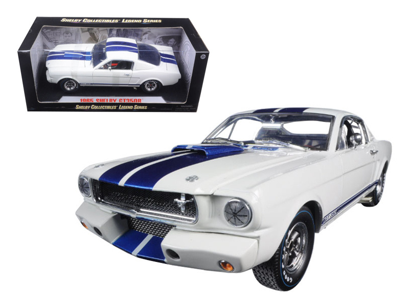 1965 Ford Mustang Shelby Gt350r White With Blue Stripes And Printed Carroll Shelby's Signature On The Roof 1/18 Diecast Model Car By Shelby Collectibles