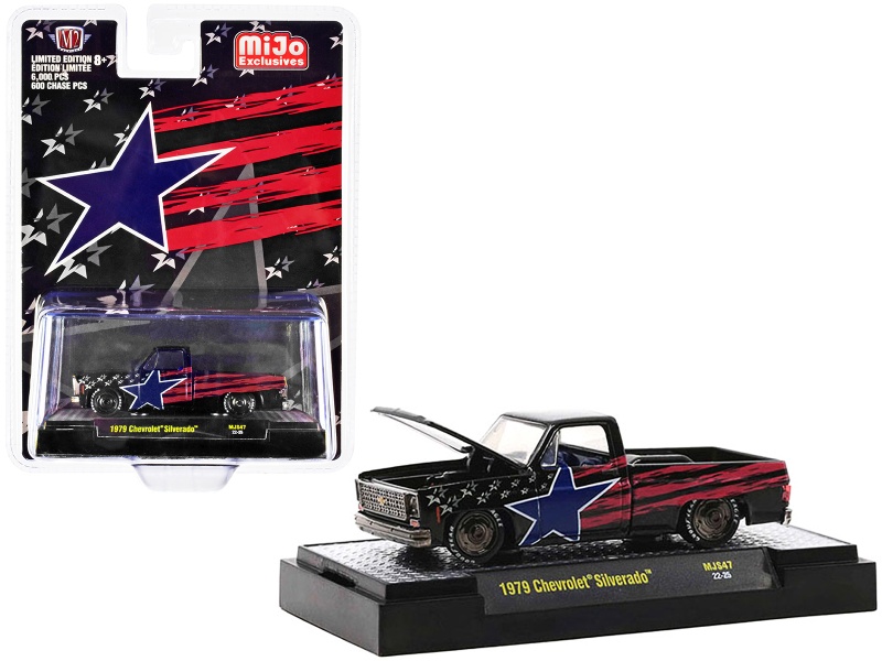 1979 Chevrolet Silverado Pickup Truck Black With Stars And Stripes Graphics Limited Edition To 6000 Pieces Worldwide 1/64 Diecast Model Car By M2 Machines
