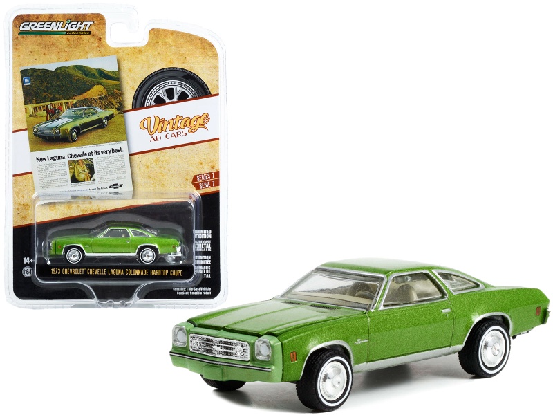 1973 Chevrolet Chevelle Laguna Colonnade Hardtop Coupe Green Metallic "New Laguna. Chevelle At Its Very Best" "Vintage Ad Cars" Series 7 1/64 Diecast Model Car By Greenlight
