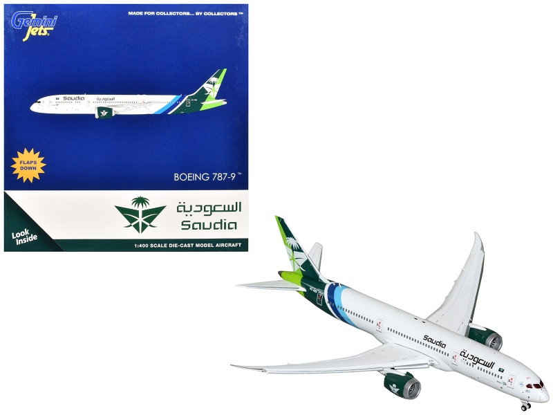 Boeing 787-9 Commercial Aircraft With Flaps Down "Saudia Airline" (Hz-Arb) White With Tail Graphics 1/400 Diecast Model Airplane By Geminijets
