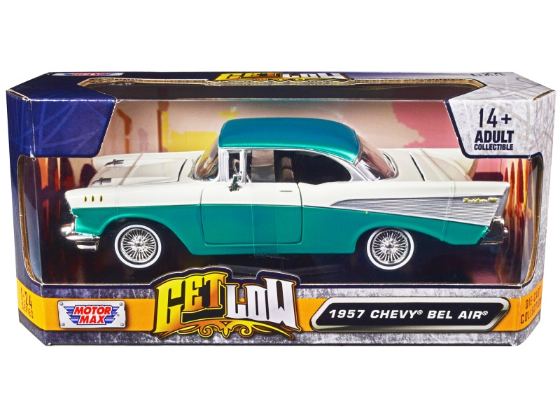1957 Chevrolet Bel Air Lowrider Turquoise Metallic And White "Get Low" Series 1/24 Diecast Model Car By Motormax