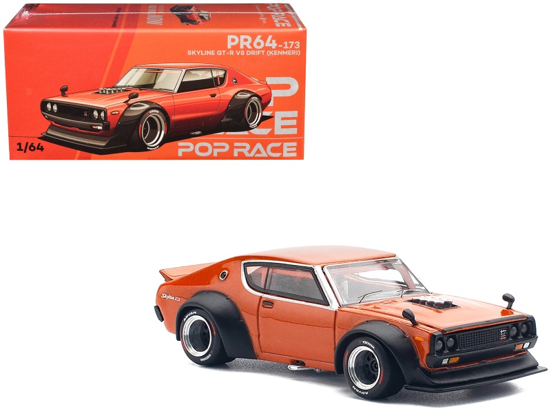 Skyline Gt-R V8 Drift "Kenmeri" Rhd (Right Hand Drive) Orange Metallic 1/64 Diecast Model Car By Pop Race