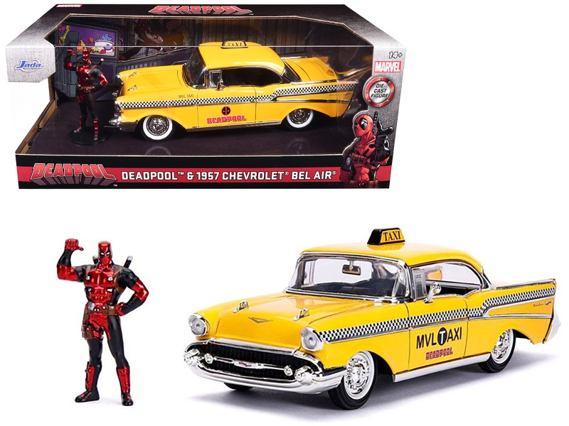 1957 Chevrolet Bel Air Taxi Yellow with Deadpool Diecast Figurine - Marvel Series 1/24 Diecast Model Car