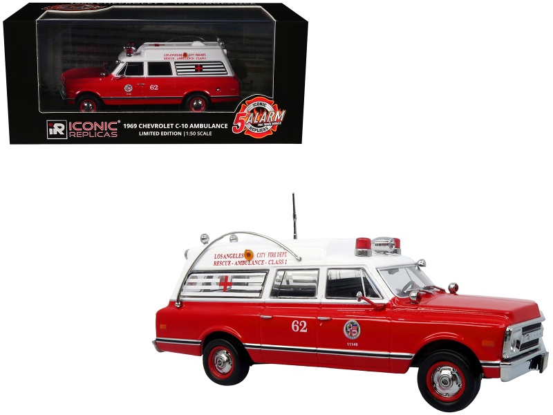 1969 Chevrolet C-10 Ambulance "Los Angeles City Fire Department" Red And White "5 Alarm" Series Limited Edition 1/50 Diecast Model By Iconic Replicas