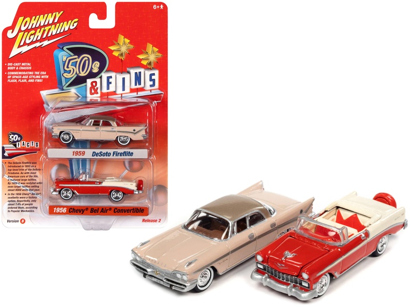 1959 Desoto Fireflite Spring Rose Pink With Golden Tan Top And 1956 Chevrolet Bel Air Convertible Matador Red And White "'50S & Fins" Series Set Of 2 Cars 1/64 Diecast Model Cars By Johnny Lightning