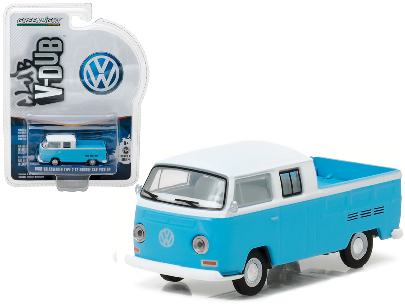 1968 Volkswagen Type 2 T2 Crew Cab Pickup White And Blue 1/64 Diecast Model Car By Greenlight