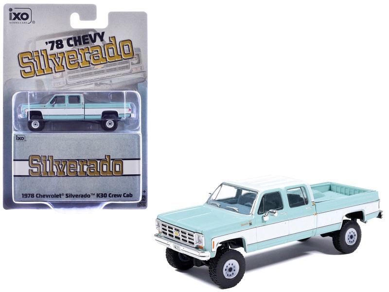 1978 Chevrolet Silverado K30 Crew Cab Pickup Truck Light Blue And White With Blue Interior 1/64 Diecast Model By Ixo Models