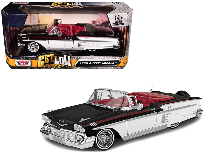1958 Chevrolet Impala Convertible Lowrider Black And White With Red Interior "Get Low" Series 1/24 Diecast Model Car By Motormax