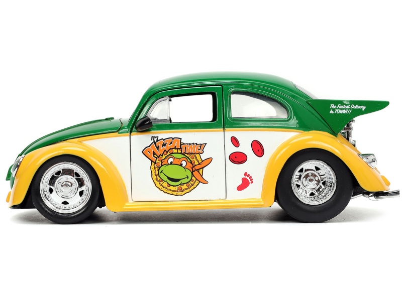 1959 Volkswagen Drag Beetle Green And Yellow And Michelangelo Diecast Figure "Teenage Mutant Ninja Turtles" "Hollywood Rides" Series 1/24 Diecast Model Car By Jada