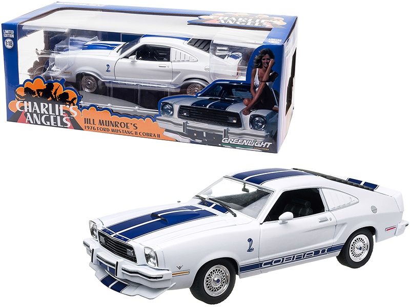 1976 Ford Mustang Ii Cobra Ii (Jill Munroe's) White With Blue Racing Stripes "Charlie's Angels" (1976-1981) Tv Series 1/18 Diecast Model Car By Greenlight