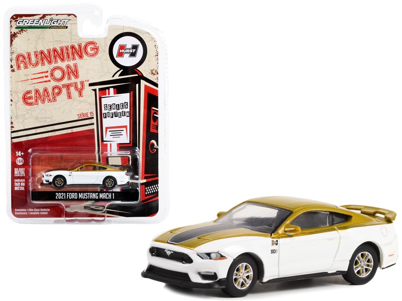 2021 Ford Mustang Mach 1 White And Gold With Black Stripe "Hurst Performance" "Running On Empty" Series 15 1/64 Diecast Model Car By Greenlight