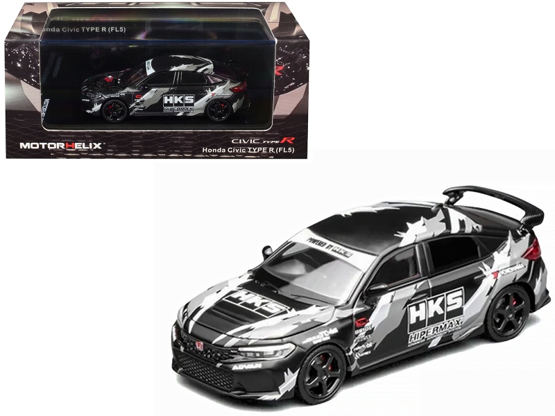 Honda Civic Type R (Fl5) Rhd (Right Hand Drive) "Hks" Matt Black With Graphics 1/64 Diecast Model Car By Motorhelix