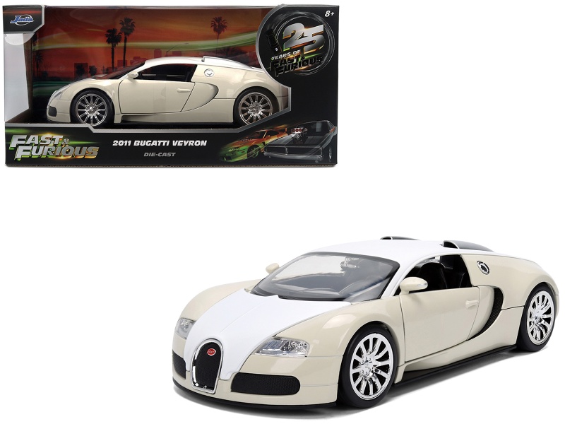 2011 Bugatti Veyron White And Tan "Furious 7" (2015) Movie "25 Years Of Fast & Furious" Series 1/24 Diecast Model Car By Jada