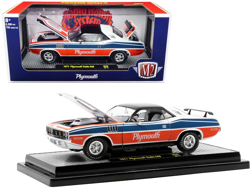 1971 Plymouth Barracuda 440 Pearl White With Blue And Red Stripes And Black Top Limited Edition To 6550 Pieces Worldwide 1/24 Diecast Model Car By M2 Machines