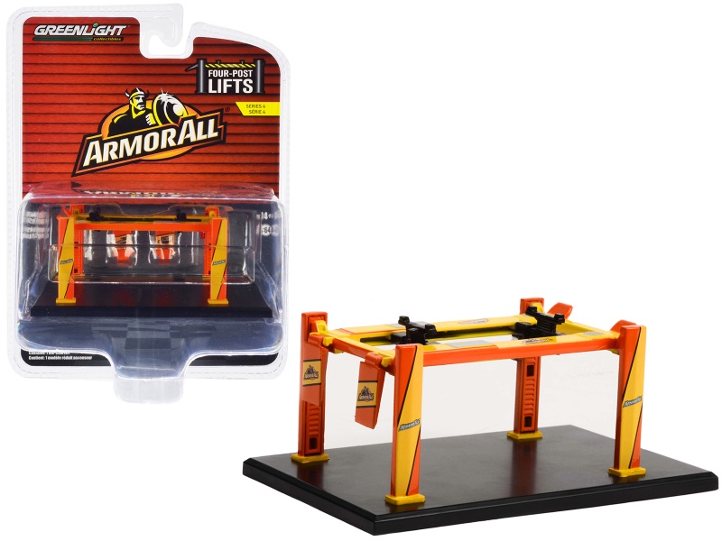 Adjustable Four-Post Lift "Armorall" Orange And Yellow "Four-Post Lifts" Series 4 1/64 Diecast Model By Greenlight