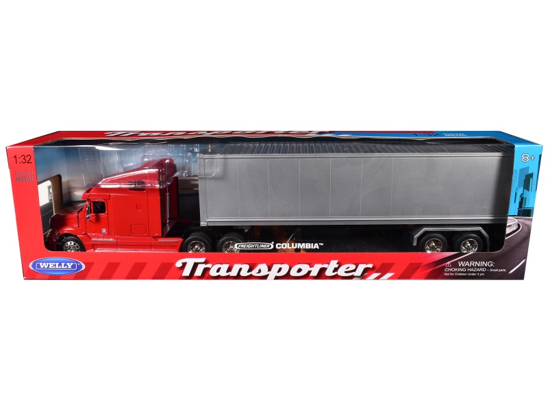 Freightliner Columbia Truck Red With Gray Container 1/32 Diecast Model By Welly
