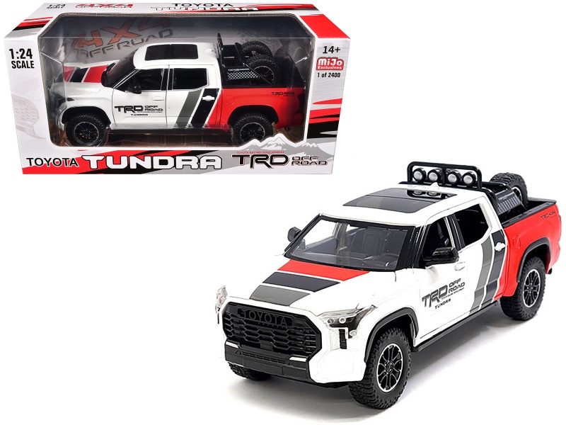 2023 Toyota Tundra Trd 4X4 Pickup Truck White And Red With Black And Gray Stripes With Sunroof And Wheel Rack Limited Edition To 2400 Pieces Worldwide 1/24 Diecast Model Car