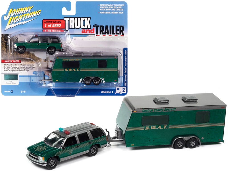 1997 Chevrolet Tahoe "Central County Sheriff" Emerald Green And Gray With "Swat" Camper Trailer Limited Edition To 9652 Pieces Worldwide "Truck And Trailer" Series 1/64 Diecast Model Car By Johnny Lightning