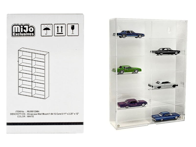 Showcase 12 Car Display Case Wall Mount With White Back Panel "Mijo Exclusives" For 1/64 Scale Models
