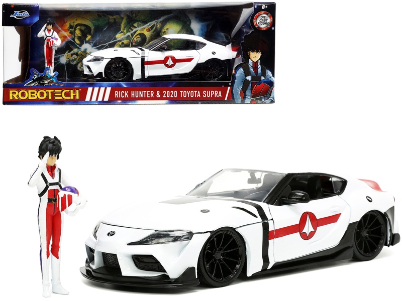 2020 Toyota Supra White with Rick Hunter Robotech Figurine, 1/24 Diecast Model by Jada