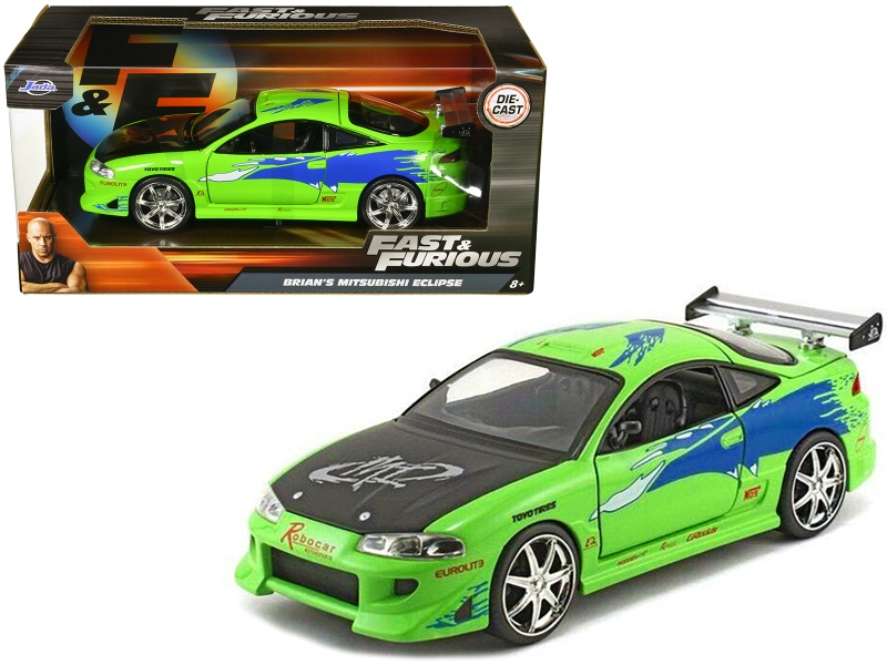 Brian's Mitsubishi Eclipse Green With Black Hood And Graphics "The Fast And The Furious" (2001) Movie 1/24 Diecast Model Car By Jada