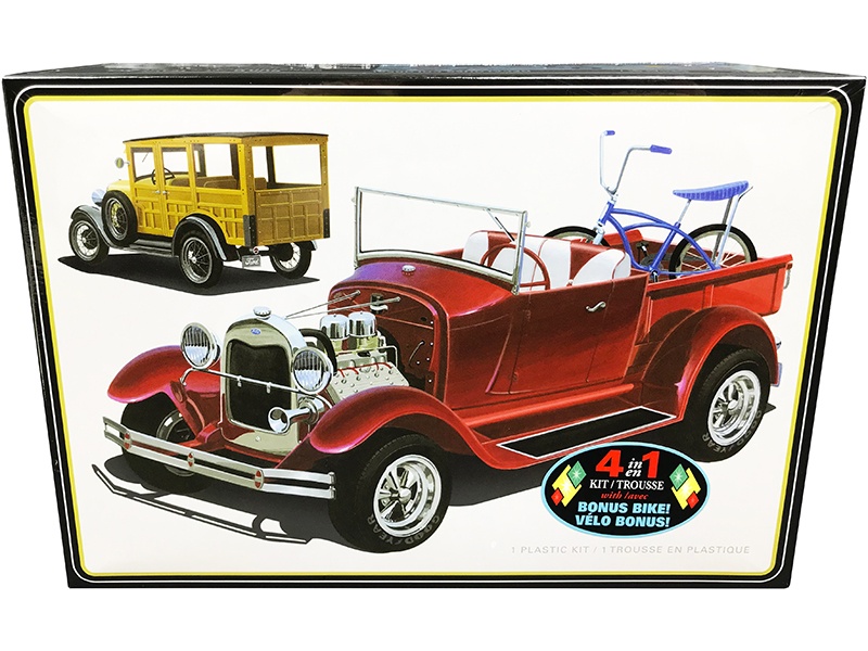 Skill 2 Model Kit 1929 Ford Woody Pickup 4-In-1 Kit With Bike 1/25 Scale Model By Amt