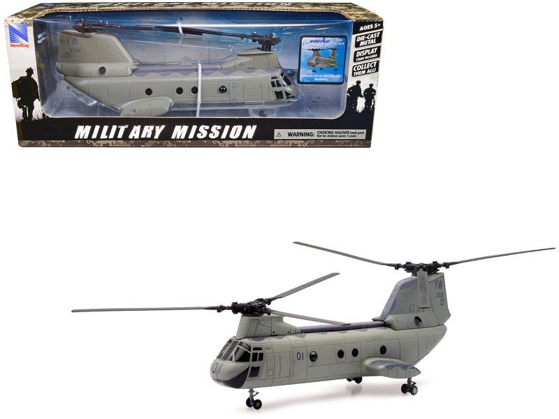 Boeing CH-46 Sea Knight Helicopter Olive Drab Diecast Model - New Ray 1/55 Scale