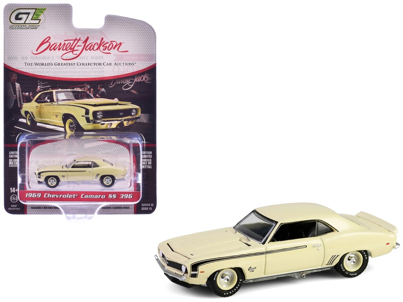 1969 Chevrolet Camaro Ss 396 Butternut Yellow With Black Stripes "Barrett-Jackson" Series 15 1/64 Diecast Model Car By Greenlight
