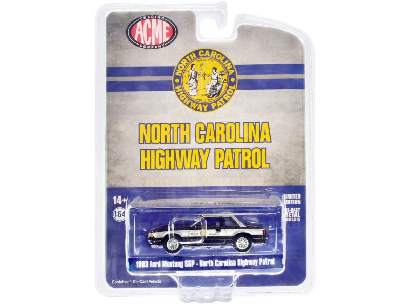 1993 Ford Mustang Ssp Police Black And Silver "North Carolina Highway Patrol State Trooper" 1/64 Diecast Model Car By Greenlight For Acme