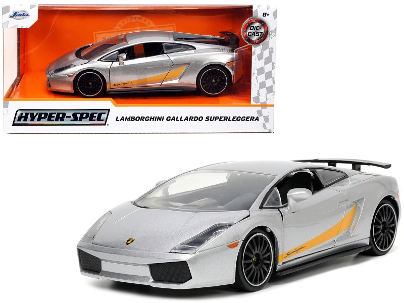 Lamborghini Gallardo Superleggera Silver Metallic With Yellow Stripes "Hyper-Spec" Series 1/24 Diecast Model Car By Jada