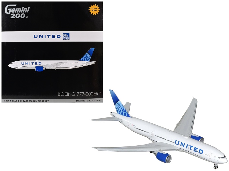 Boeing 777-200Er Commercial Aircraft With Flaps Down "United Airlines" (N798ua) White With Blue Tail "Gemini 200" Series 1/200 Diecast Model By Geminijets