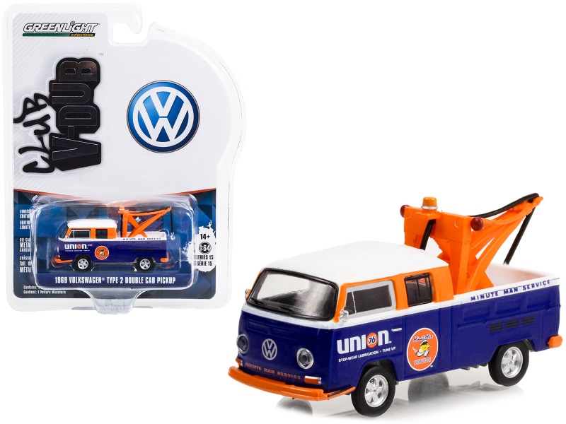 1969 Volkswagen Double Cab Pickup Tow Truck Blue And White "Union 76 Minute Man Service" "Club Vee V-Dub" Series 15 1/64 Diecast Model Car By Greenlight