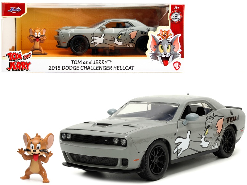 2015 Dodge Challenger Hellcat Gray With "Tom" Graphics And Jerry Diecast Figure "Tom And Jerry" "Hollywood Rides" Series 1/24 Diecast Model Car By Jada