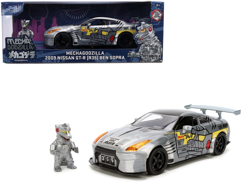 Jada 1/24 2009 Nissan GT-R (R35) Ben Sopra Brushed Metal with Black Top, Graphics & Mechagodzilla Figure