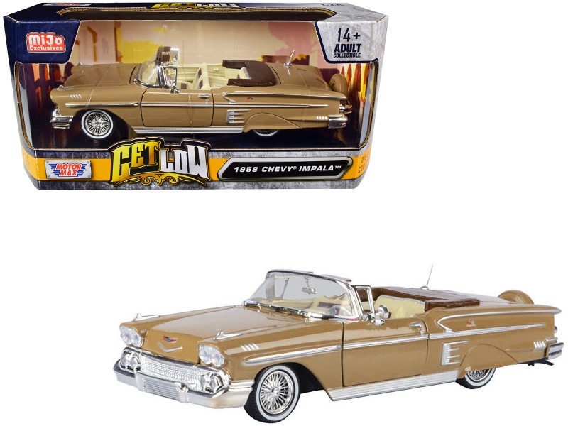 1958 Chevrolet Impala Convertible Lowrider Light Brown With Cream Interior "Get Low" Series 1/24 Diecast Model Car By Motormax