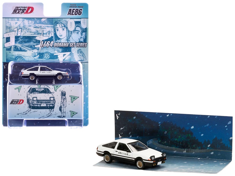 Toyota Sprinter Trueno (Ae86) Rhd (Right Hand Drive) White With Black Stripes "Takumi Fujiwara & Natsuki Mogi - Initial D" (1995-2013) Manga "Diorama Set Series" 1/64 Diecast Model Car By Hobby Japan