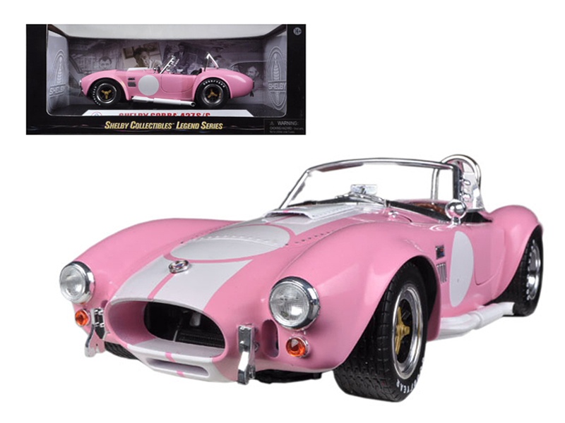 1965 Shelby Cobra 427 S/C Pink With White Stripes With Printed Carroll Shelby Signature's On The Trunk 1/18 Diecast Model Car By Shelby Collectibles