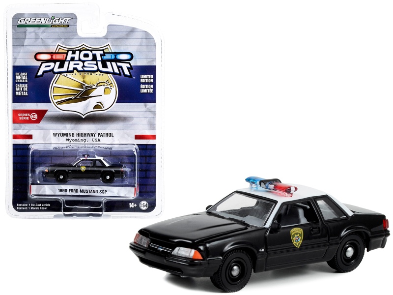 1990 Ford Mustang Ssp Black And White "Wyoming Highway Patrol" "Hot Pursuit" Series 43 1/64 Diecast Model Car By Greenlight
