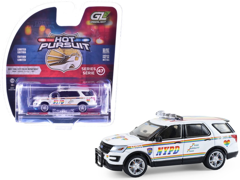 2016 Ford Police Interceptor Utility "New York Police Department (Nypd) Pride Livery" White With Rainbow Stripes "Hot Pursuit" Series 47 1/64 Diecast Model Car By Greenlight