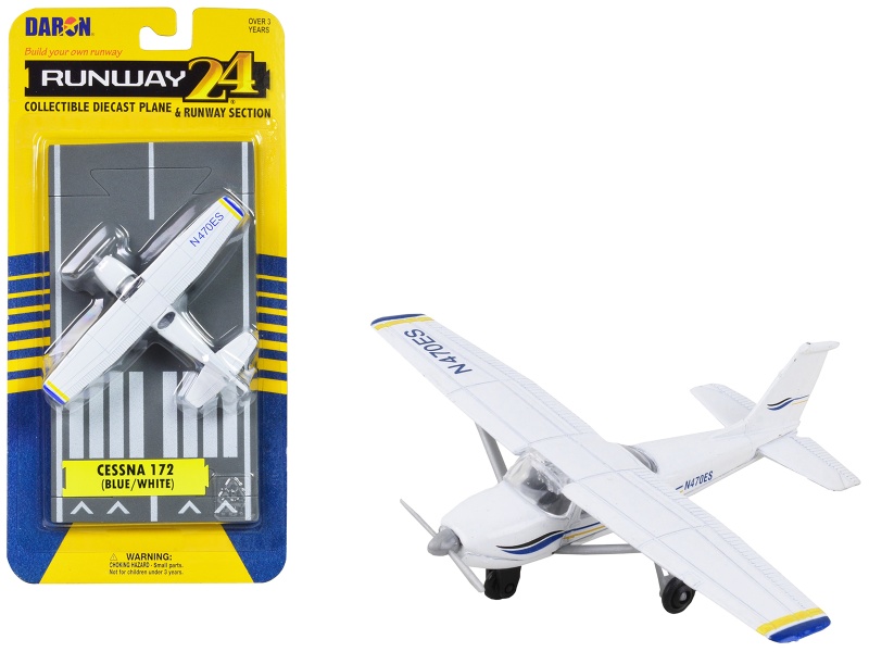 Cessna 172 Aircraft White with Blue and Yellow Stripes 'N470ES' Diecast Model Airplane by Runway24