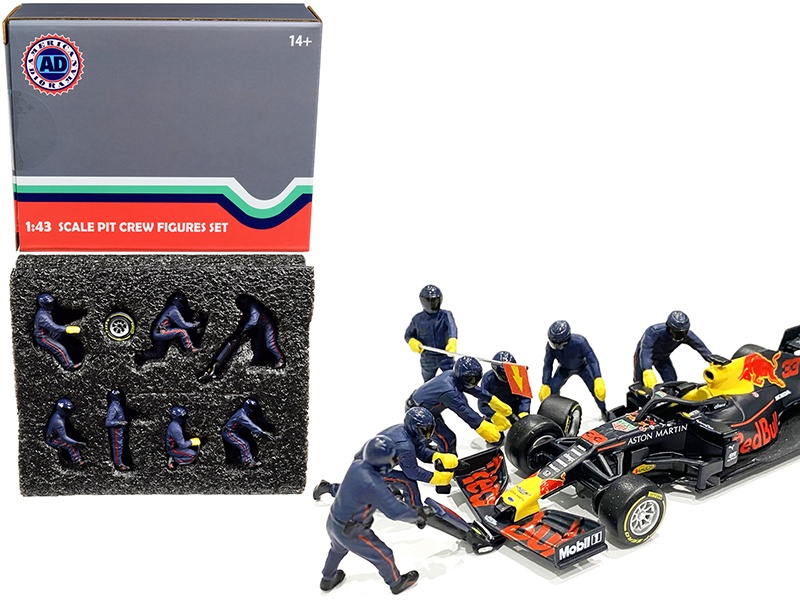 Formula One F1 Pit Crew 7 Figurine Set Team Blue For 1/43 Scale Models By American Diorama