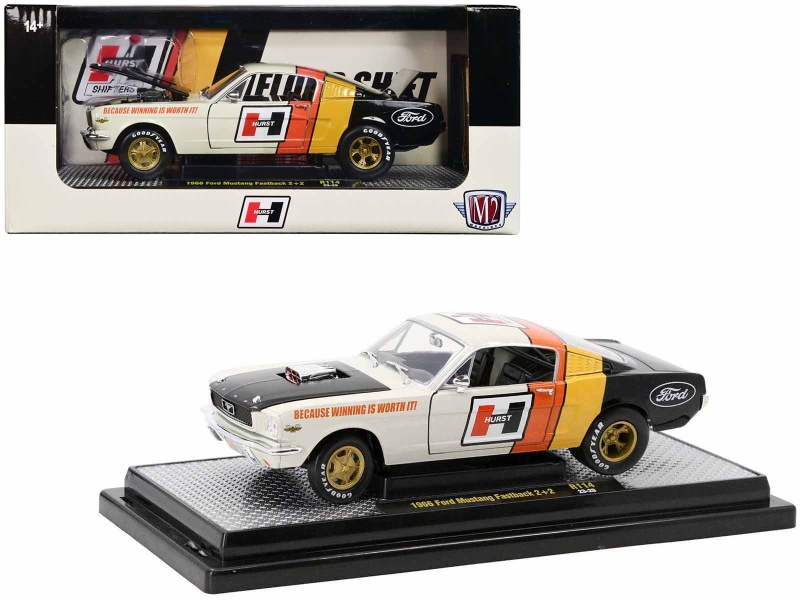 1966 Ford Mustang Fastback 2+2 Off White and Black with Red and Yellow Stripes 'Hurst Shifters' Limited Edition Diecast Model Car by M2 Machines